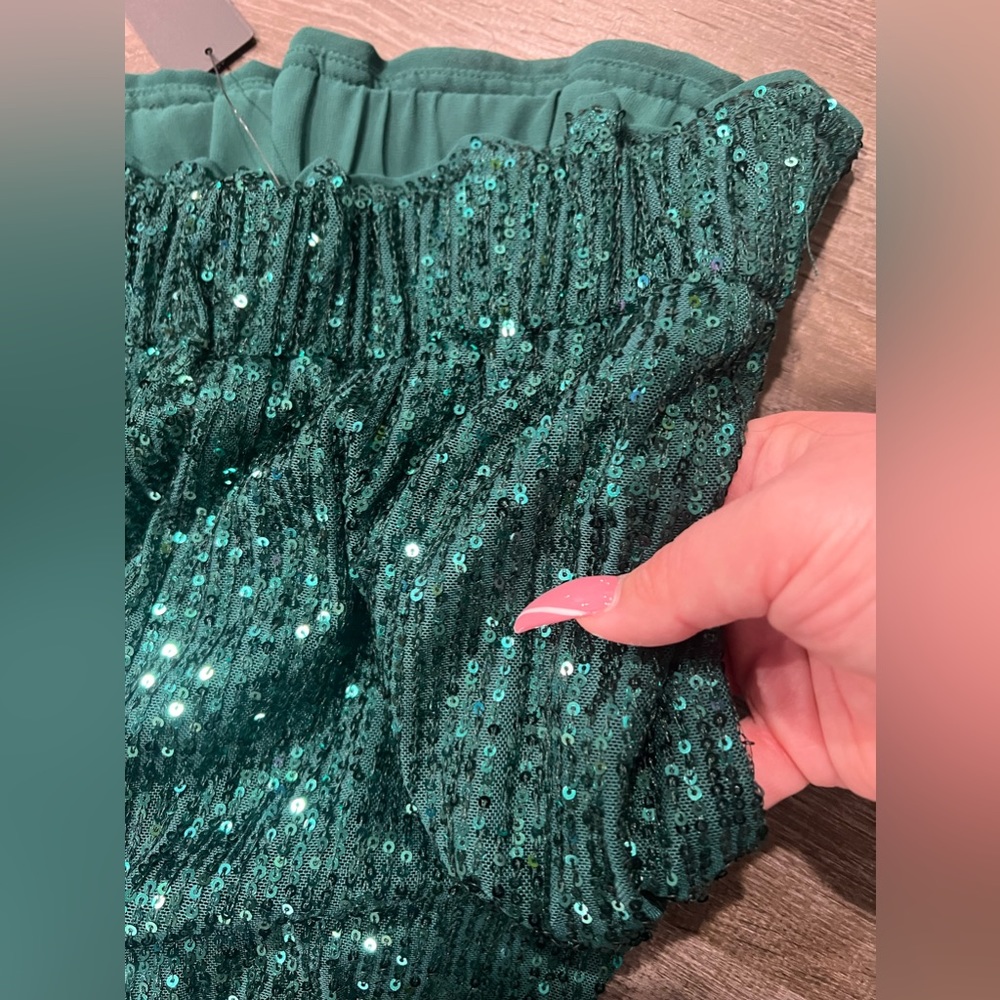 Lulu's Emerald Green Sequin Wide Leg Jumpsuit Pants - Picture 5 of 7
